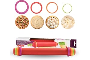 Mastrad – Rouleau à Pâtisserie Ajustable en Silicone Rouge – 4 Anneaux Réglables (2, 4, 6, 8 mm) – Revêtement 100 % Silicone – Corps Inox – Antidérapant & Facile à Nettoyer – Accessoire de Pâtisserie