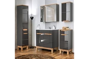Lomadox Komplett Badmöbel Set 5-teilig mit Waschtischunterschrank und Keramik Waschtisch in 80 cm Hochglanz grau Hochschrank, Hängeschrank, Unterschrank und Spiegelschrank