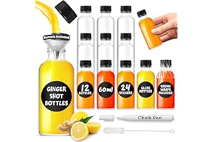 volila Fiole en Verre & Bouchon - 12 x 60 ml Mini Bouteille Verre - Pot Epices Parfait pour Mariage & Décor - 60 ml - Entonnoir Métal, Étiquettes, Feutre Blanc & Brosse de Nettoyage