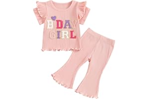 MAHUAOYIXI Baby Girl 2Pcs Birthday Outfits Short Sleeve Letter Embroidery Tops + Flare Pants Set Toddler Girls Clothes Girls Birthday Clothing Set