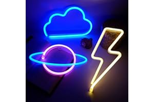 NELUX Pack de 3 Éclair, Planète et Nuage - Néon LED Mural, Lampe Neon Gaming Chambre Decoration, Enseigne Lumineuse Setup Gamer. Connexion batterie ou USB.