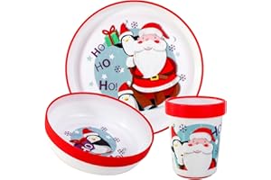 ZAWADI GLOBAL Christmas Xmas 3pcs Reusable Bicolor Premium Kids Dinner Tableware Set Plate, Bowl & Tumbler, BPA Free