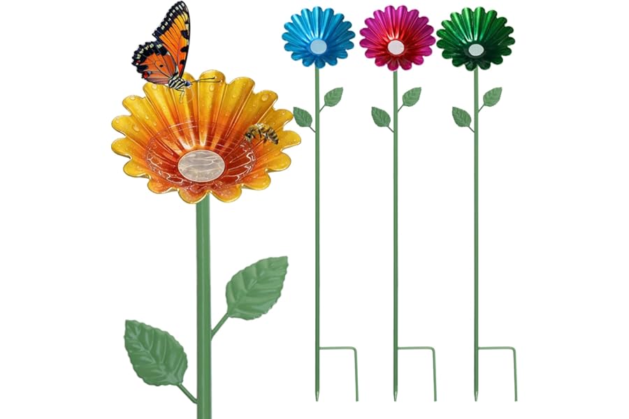 Colourful Metal Bee Bathing Stations with 4 Bee Cups - Garden Bee Watering Station & Butterfly Feeder, Decorative Outdoor Stakes for Yard Decor, for Nature Lovers 4 Pack
