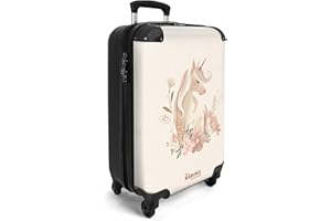 NoBoringSuitcases.com® Handgepäck Koffer Kinder 55x35x20 cm Reisekoffer Kinderkoffer 4 Rollen Leicht Cabin Trolley Hartschalenkoffer für Jugendliche Einhorn - Blumen - Rosa - Pastell