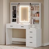 Hzuaneri Makeup Vanity with Adjustable LED Lights, Large Removable Mirror with Jewelry Box, Open Shelves, 5 Drawers, with Sid
