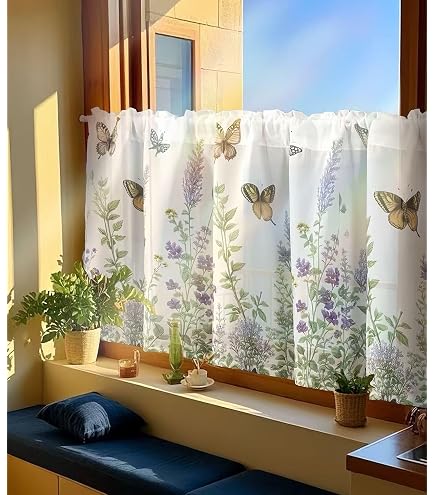 Lila Lavendel Volant-Vorhang – Kurz, Mit Stangentasche Für Fenster | Bauernhaus-Stil, 137 X 45 Cm