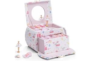 Vlando Spieluhr Schmuckkästchen Mädchen mit Schubladen, Geburtstagsgeschenk Mädchen Geschenke 6 7 8 Jahre, Schmuckkasten Kinder, Ballerina Schmuckschatulle aus Leder mit Kanon Melodie und Schlüssel
