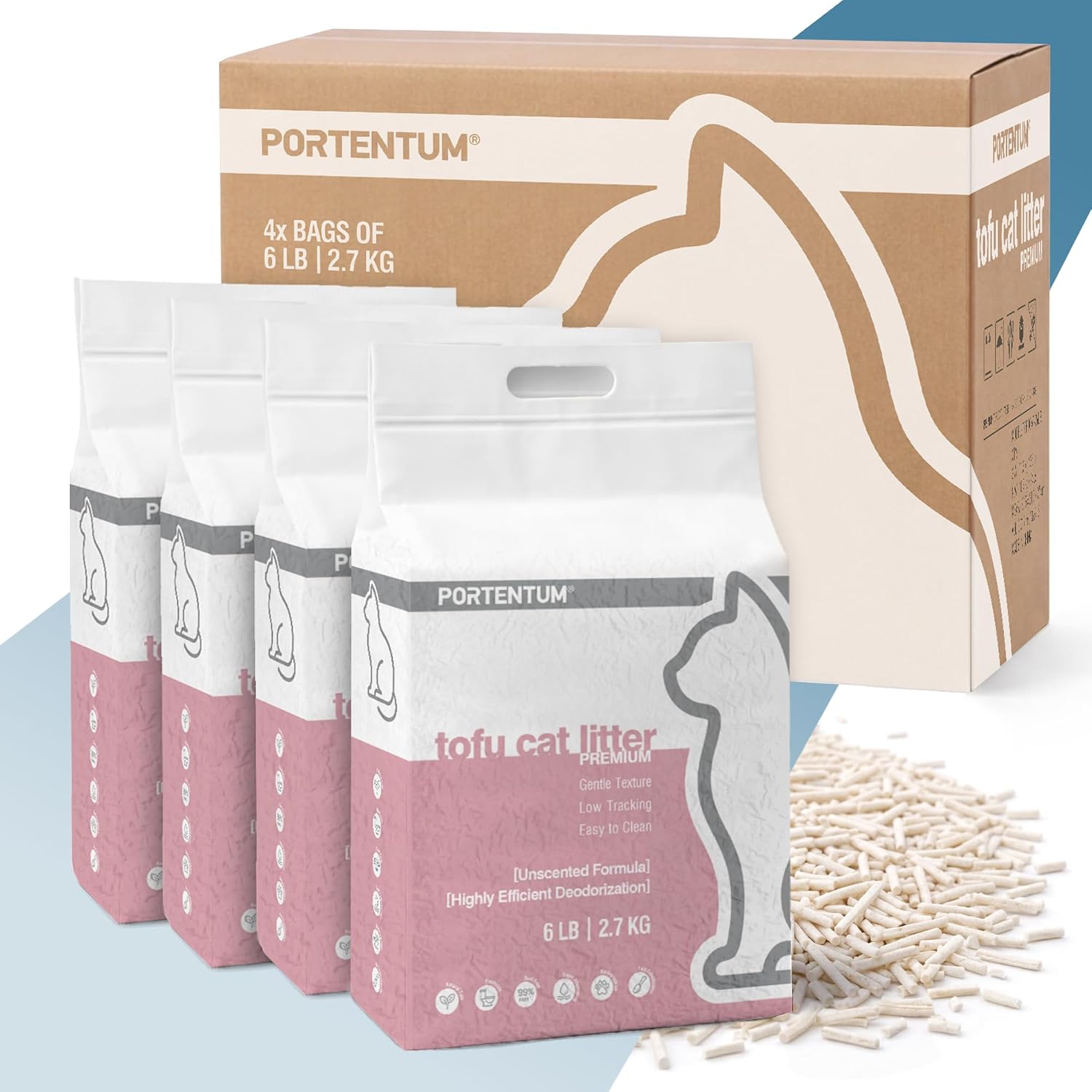 PORTENTUM Arena de Tofu para Gatos sin Perfume – 10,8 kg de Arena aglomerante para Gatos con Control de olores y fácil Limpieza – Pellets Vegetales Que no se pegan y Mantienen el arenero Limpio