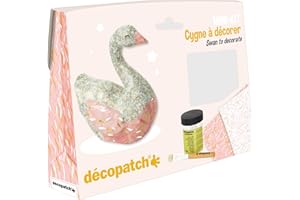 Décopatch KIT027C – Un minikit con un animal de papel pulpado blanco, 2 hojas Décopatch, un pincel y un bote de esmalte de pegamento, cisne