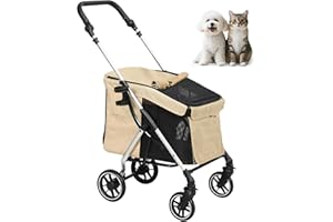 PawHut Hundewagen leicht Hundebuggy aus Aluminium klappbar für Hunde & Katzen Katzenbuggy mit Kissen Netzfenstern Türen Aufbewahrungskorb Katzenwagen Mini-Hundewagen für kleine Hunde Khaki
