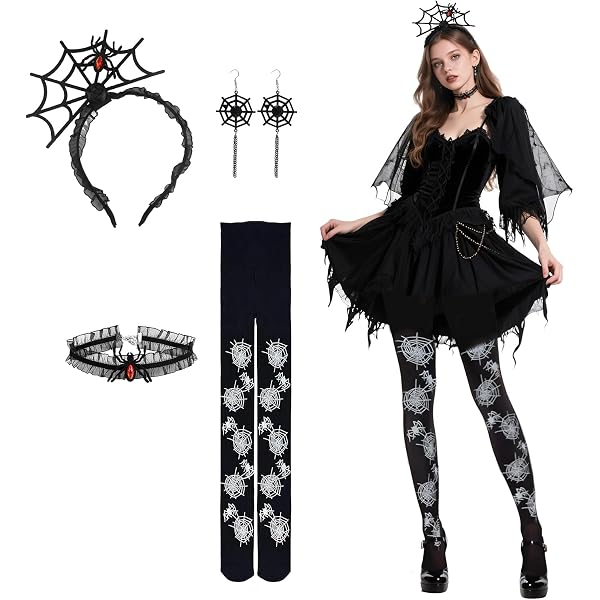 Lusofie Halloween-Set: Spinnennetz-Handschuhe, Spinnen-Stirnband & Spitzenhalsband – Schwarz, Für Damen