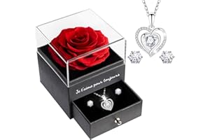 Sunia Rose Eternelle avec Bijoux Argent 925,Collier Coeur Boucles d'oreilles,Coffret Cadeau Femme,Rose Préservée avec Collier,Cadeau Anniversaire Femme,Amour Cadeau,Fete des Meres,Noël,Saint-Valentin