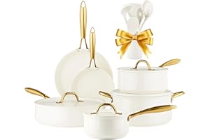 RIOVARM Induzione Set di pentole e padelle con coperchi, In ceramica Antiaderente Set di pentole con set di utensili da cucina, Set cucina essenziale Padella Pentola Padella per salse Spatole