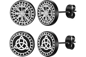 FaithHeart Norse Viking Earrings Studs Stainless Steel Wolf Head/Thor Hammer/Compass/Valknut Ear Jewelllery Punk Earring Set for Men Women