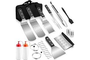 Homikit Grillspachtel Set, 22-teilig Edelstahl Profi Pfannenwender Grillbesteck mit Tragetasche, Grillwender Grillschaber Teigschaber zum Grillen im Freien, Grillen, Teppanyaki, Camping