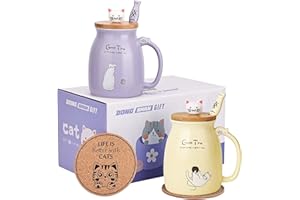 DONGSHANGIFT Kawaii Zestaw kubków dla kota – 2 szt., fioletowy i żółty, 450 ml, ceramiczna filiżanka do herbaty z uroczą pokrywką i łyżeczką, idealny dla miłośników kotów, prezent świąteczny i urodzinowy