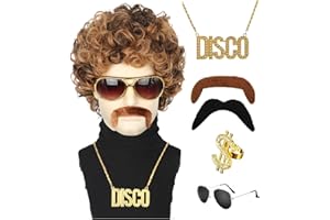 Clundoo Herren Perücke, 6PCS 70er Jahre Disco Dude Dirt Bag Perücke mit Halskette, Schnurrbart, Sonnenbrillen, Ringe, Hip Hop Disco Kostüm Accessoires, kurz gelockt Afro Shaggy Perücke