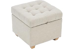 LEITING Large Storage Ottoman Toy Box Chair Seat Foot Stool Footstool Footrest Cube Pouffe Upholstered with Linen Fabric Cover (Beige-B1)
