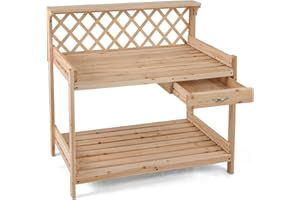 TANGZON Garden Potting Table, Solid Fir Wood Planting Workstation with Versatile trellis, Drawer, Raised Edge, Top & Lower Shelf, Wooden Flower Potting Bench for Backyard Balcony Lawn