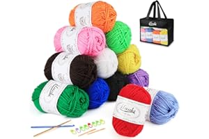 Set di Filati per Maglieria a Mano,ilauke Gomitolo di Lana 600g (12x50g) Filato Acrilica Filato Lana con 2 Uncinetti,Multicolori Morbido Filato Acrylico 100% per Uncinetto e lavori Maglia (12 Colori)