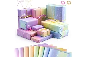 CANDCAMP Birthday Wrapping Paper Set, 8 Pcs Rainbow Gradient Colour Gift Wrapping Paper with 2 Roll Satin Ribbon for Women Girl, 50 x 70CM Recyclable Gift Wrap Paper for Birthday, Party, Wedding