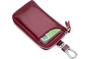 PORRASSO Genuine Leather Key Case Car Key Bag Key Pouch Portable Card Holder Keychain Wallet with 6 Hook for Men Women Wine Red