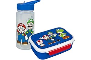 Scooli - Set de Regalo de vajilla para niños Super Mario - Set Compuesto por Fiambrera y biberón - Ideal para el Colegio o la guardería - a Partir de 4 años - de plástico - sin BPA