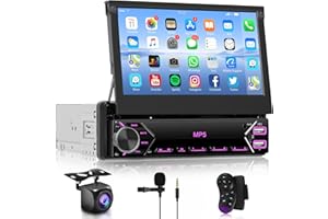 1 Din Ecran Rétractable Autoradio, Hodozzy Écran Tactile IPS de 7 Pouces Poste Radio Voiture 1 Din Bluetooth Lien Miroir, Autoradio avec Radio FM, Type-C USB AUX U-Disk, Contrôle du Volant et Caméra