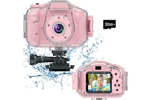 AMZELAS Kids Waterproof Camera, Christmas Birthday Gifts for Boys Girls Age 3-9, Children HD Digital Video Cameras, Portable Toy Child Underwater Camera 2 Inch Screen with 32GB Card (Pink)