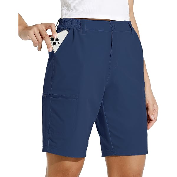 Pantacourt Cargo Femme Léger - Pantalon Randonnée Séchage Rapide UPF 50 - Imperméable Avec Poches - Taille élastique - 10
