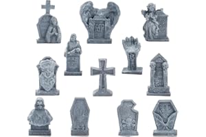 GW Box 12 Pcs Miniature Tombstones Figurines - Resin Gravestones for Mini House Graveyard Scene Diorama Crafts and Halloween Decor