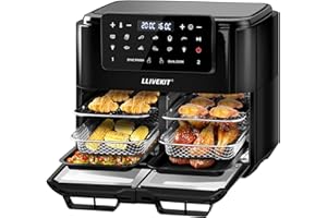 LLIVEKIT 12L Dual Air Fryer Oven, with Removable Divider for 5.5L Dual Cooking, Large Air Fryer Oven for Family, SYNC FINISH & DUAL COOK, 10 Cooking Presets, 9 Accessories, 1 Cookbook, Black