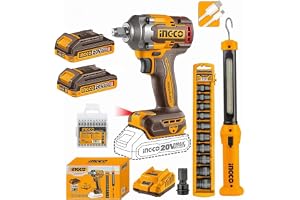 Ingco 1/2" Cordless ImpactSquare Drive Wrench Kit Without Box, 400 N.M, 2 X 2.0 Ah Batteries, 10-Piece Socket Set, LED Work Light, 10-Piece Screwdriver Bit