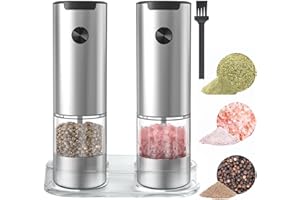 COKUNST Elektrische Salz und Pfeffermühlen Set, Batteriebetrieben Edelstahl Pfeffermühle mit Basis, 5 Grobstufen Verstellbar, 95 ml Silo, mit LED-Licht für BBQ Restaurant Küche, Silbrig