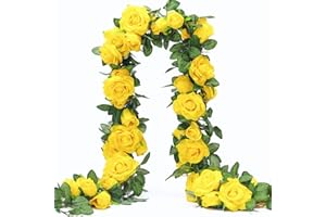 KSNNRSNG Künstlich Rosen Blumengirlande Kunstblumen Seidenblumen Blumen Rose Girlande Hängend Rebe für Zuhause Wand Hochzeit Bogen Anordnung Dekoration (2 Stücke, 9 Blumen-Gelb)