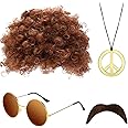 SKHAOVS 4 Pcs Hippie Costume Set, Disco Hippie Costume 70s/ 80s Hippy Fancy Dress Accessories, Funky Afro Wig, Hippie Funky Sunglasses, Disco Necklace Fake Mustache for Mens Kids