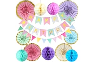 POTFGUI Wiederverwendbare Geburtstagsdeko, Pastellfarbene Happy Birthday Girlande, Wimpelkette, Wabenbälle, Pompons Deko, Kindergeburtstag Deko, Geburtstagsdeko Frauen