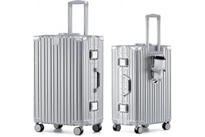 yuweijie Alu-Rahmen Handgepäck Koffer mit 4 Rollen · Hartschalen in 100% PC mit Getränkehalter · Reisekoffer TSA Schloss · Trolley für Geschäftsreisen · Silber · S-55cm