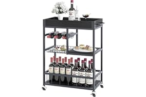 HUHOTE Bar Cart, 3 Tier Serving Trolley, Rolling Wine Trolley, Serving Cart with Iron Basket and Handle, Kitchen Storage Carts With Wheels, Tea Drink Trolley for Dining Living Room Bedroom Outdoor, Black
