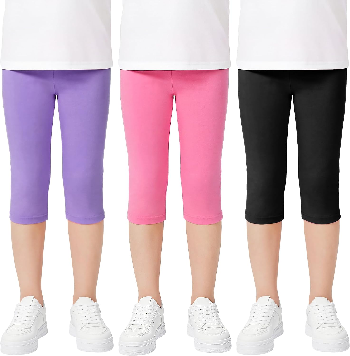 Domueay Niñas Leggings 3/4 Algodón Transpirable Elástica Deportivas Pantalones Cortos Cómodos Leggins, Pack de 3, Color Sólidos Niña Baile Escolar Mallas Infantiles Verano Ropa 6-13 Años