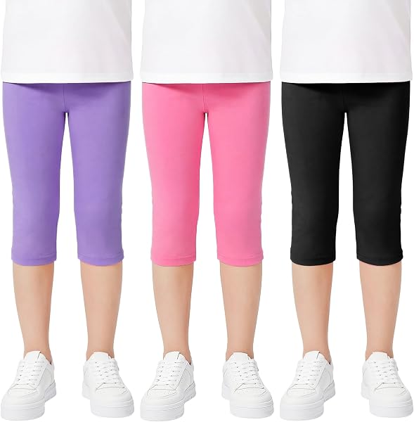 Domueay Niñas Leggings 3/4 Algodón Transpirable Elástica Deportivas Pantalones Cortos Cómodos Leggins, Pack de 3, Color Sólidos Niña Baile Escolar Mallas Infantiles Verano Ropa 6-13 Años - 1