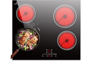 Glass Ceramic Hob 4 Plates, DELITEER Hob Self-Sufficient, Hobs 59 cm Installation, 6000 W, Slider Touch Control, Safety Lock, Pause Function, 220 V, 50 Hz, No Plug