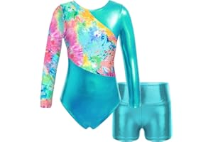 Nyeemya Gymnastics Leotard for Girl，Shiny Metallic One Piece Bodysuit with Booty Shorts Kids Sequin Dance Wear