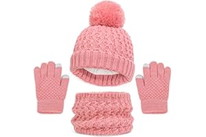 LINSOCLE 3 en 1 Bonnet Enfant Fille, Ensemble Bonnet Echarpe Enfant, Bonnet Enfant Hiver avec Pompon, Tour de Cou Enfant avec Doublure Pour Garcon Enfants 2 à 6 ans
