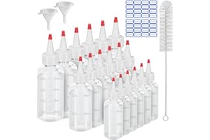 DKBT Lot de 18 flacons doseurs à presser - 30 ml/60 ml/120 ml - Bouteilles pissettes avec bouchons à pointes rouges - Entonnoir - Étiquettes - Brosses pour sauce soja - Condiments alimentaires - Cuisiner