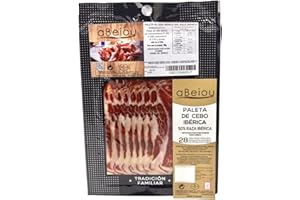 aBeiou. 100gr SLICED Spanish BONELESS IBERICO HAM - Shoulder - Jamon iberico - Pata Negra. Vacuum Packed. Cured +28 Months in Guijuelo (Salamanca). Hycer Warranty Certificate. 100gr. Envelope