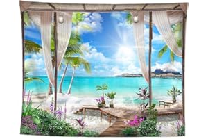 izielad Mer Plage Ciel Bleu Paysage Naturel Fleurs Arbre Tapisserie Tenture Murale Tissu Décor 180X230CM 70.8X90.5IN