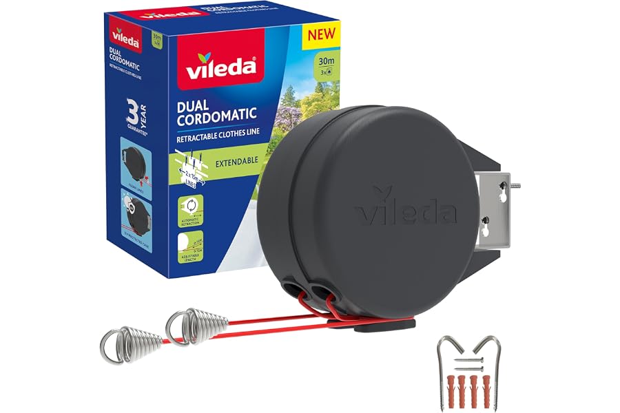 Vileda Dual Cordomatic Retractable Washing Line, 30m (2 x 15m Clothes Line) | Holds up to 30kg, Extendable Clothes Line with 