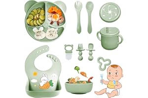 Bizcasa Vajilla Bebe Silicona, 11 Piezas Vajilla de Silicona para Bebés Antideslizante, Con Plato Cuenco Babero Taza, Cubiertos Bebe para comer destete, Sin BPA (Verde oscuro)