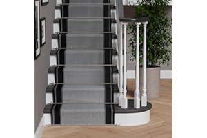 The Rug House Black And Cream Bordered Stair Carpet Flecked Striped Stain Resistant Cut to Measure Runner - Sold and Priced Per Foot 2' x 23'